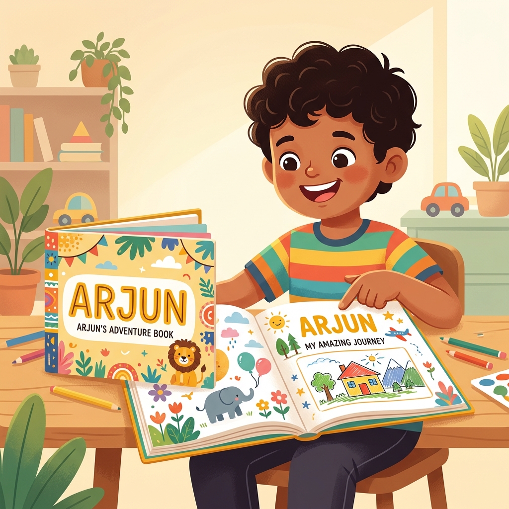 Child holding a personalised activity book with their name on it