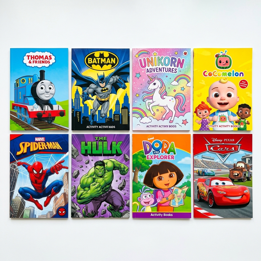 8 different themed activity books for kids