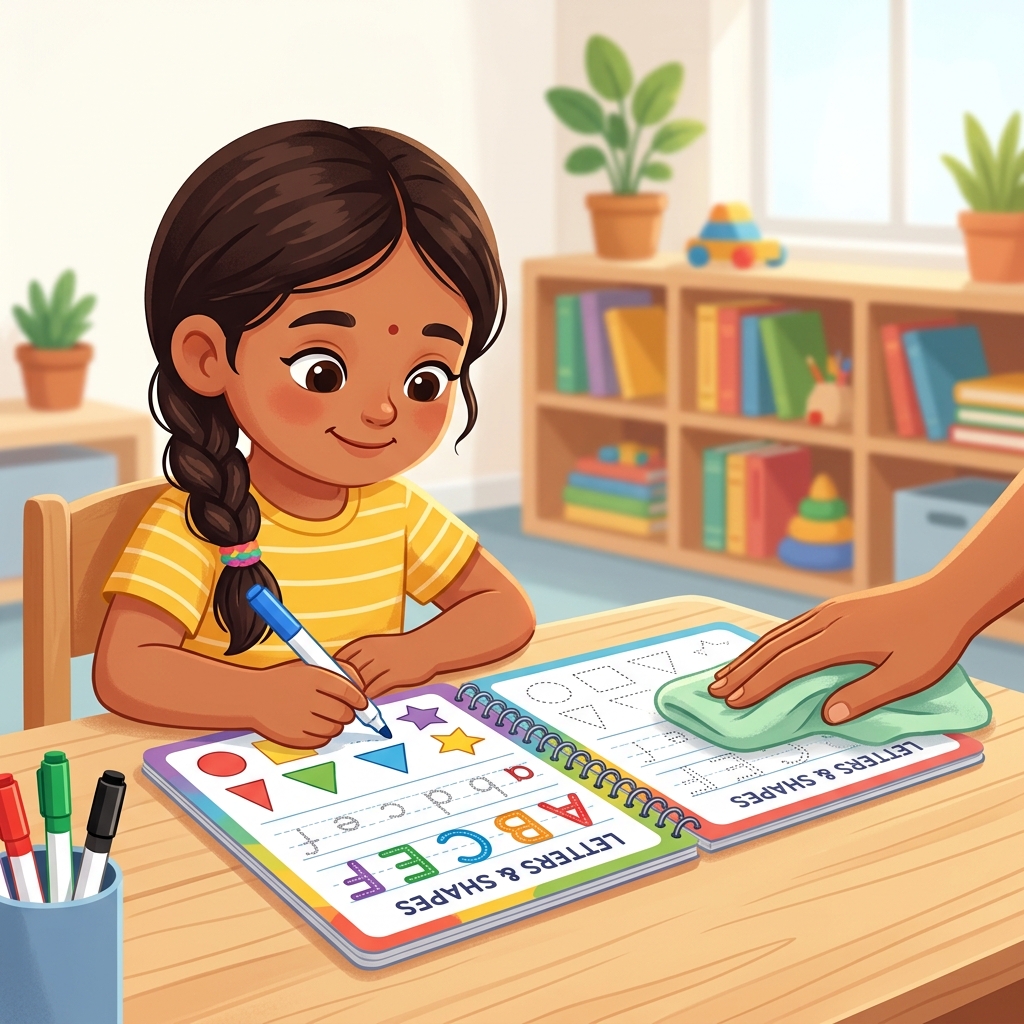 Child writing on a laminated book page and wiping it clean
